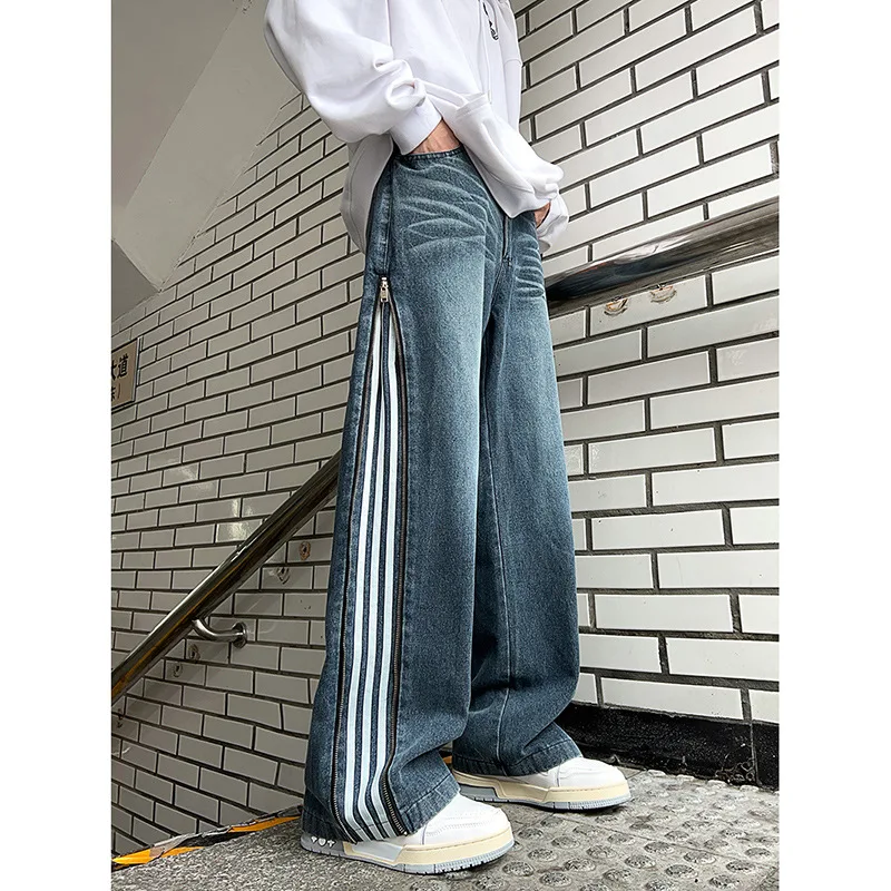 American Retro Jeans Striped Side Zipper Decoration Loose Wide Leg Pants Washed Straight Leg Casual Denim Pants Spring Autumn