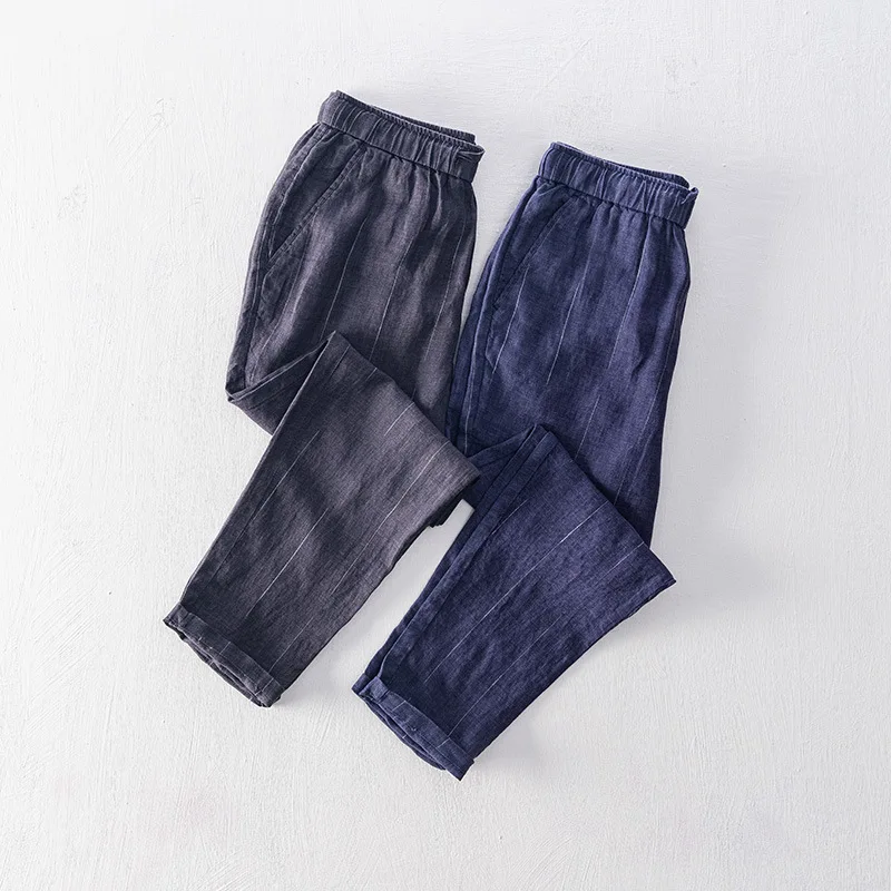 Summer Striped Casual Pants Men'S Thin Japanese Casual Youth Linen Breathable Multi Pocket Straight Mid Waist Trousers