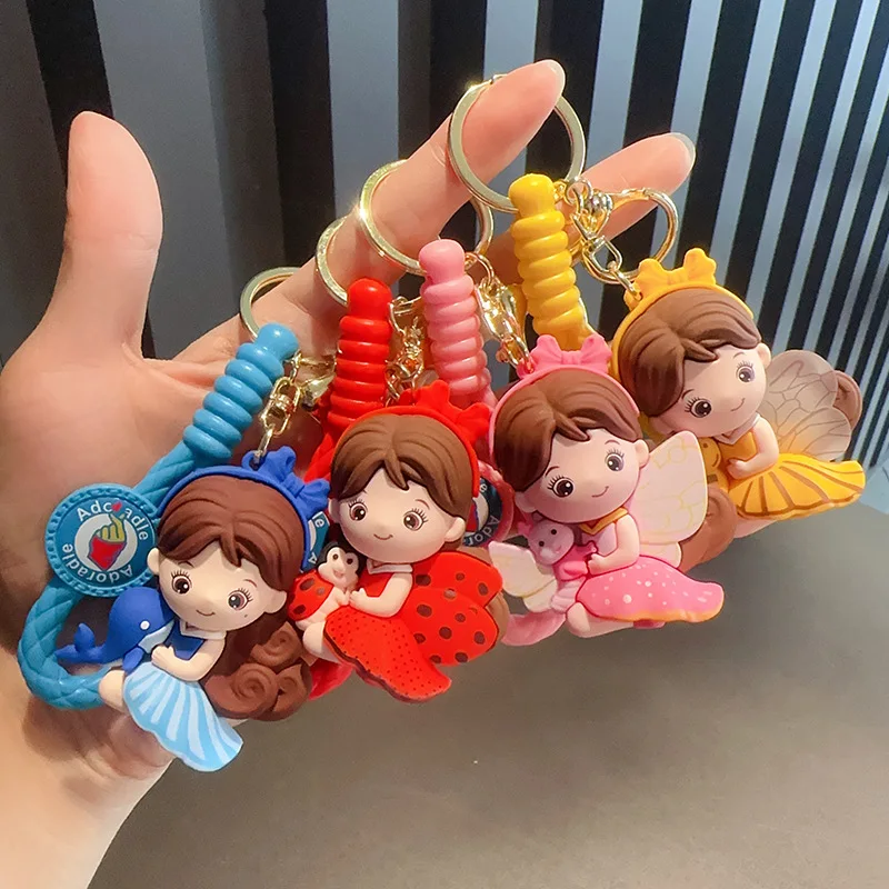 New Creative Insect Bee Butterfly Little Girl Doll Keychain Cute Girl Backpack Decoration Charm Children Schoolbag Pendant Gift