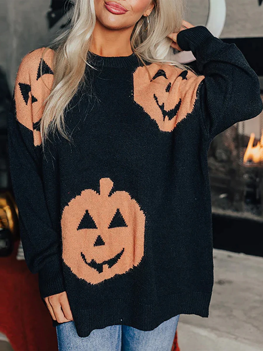 Pull d'Halloween à Manches sulfet Col Ras du Cou pour Femme, Imprimé Citrouille, Automne Hiver