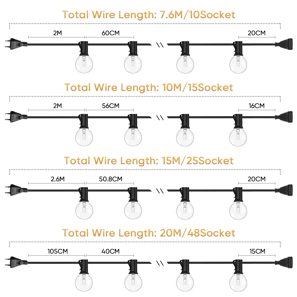 Wasserdichte Lichterkette g40 Girlande Lichter 220v eu 110v us Stecker Wolfram Filament Lampe anschließ bare warm weiße Hochzeits dekoration