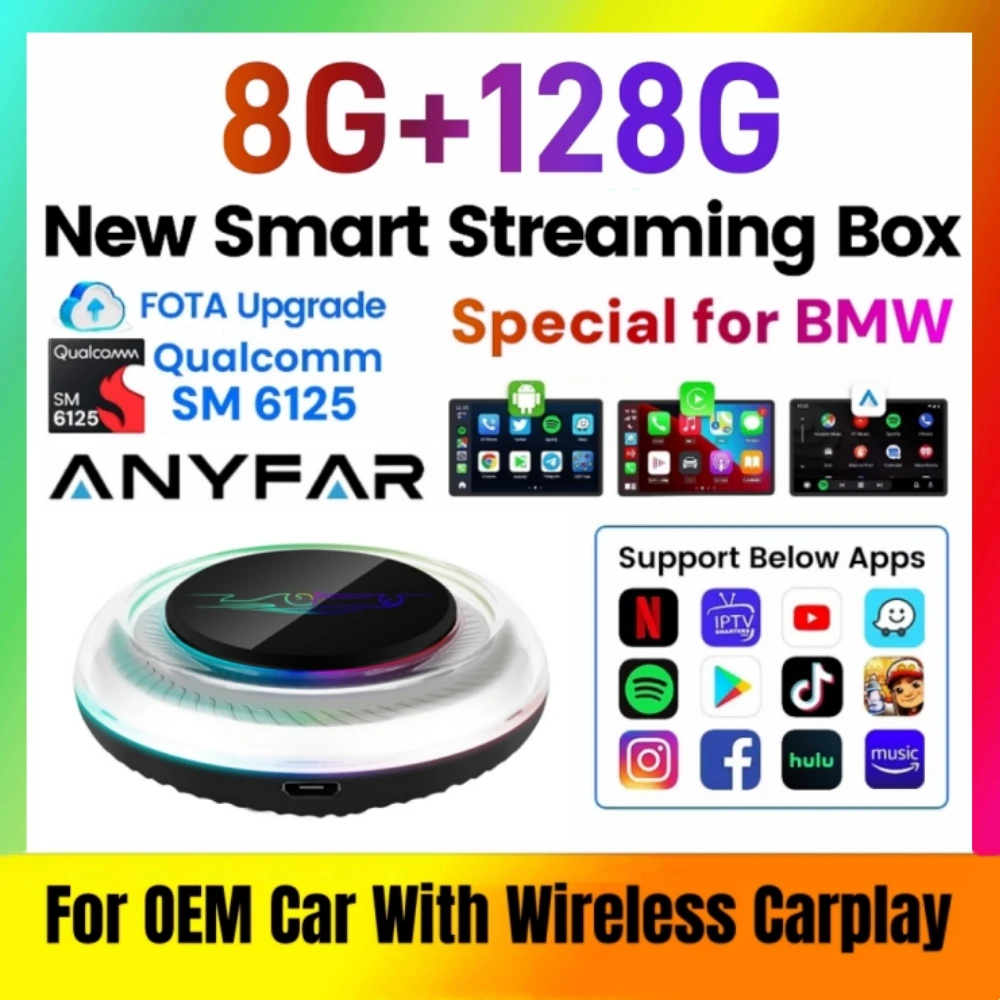 Boîtier AI sans fil pour BMW ou autres véhicules équipés du système CarPlay sans fil, 8 Go de RAM, 128 Go de ROM, double Wi-Fi, prend en charge la carte SIM 4G