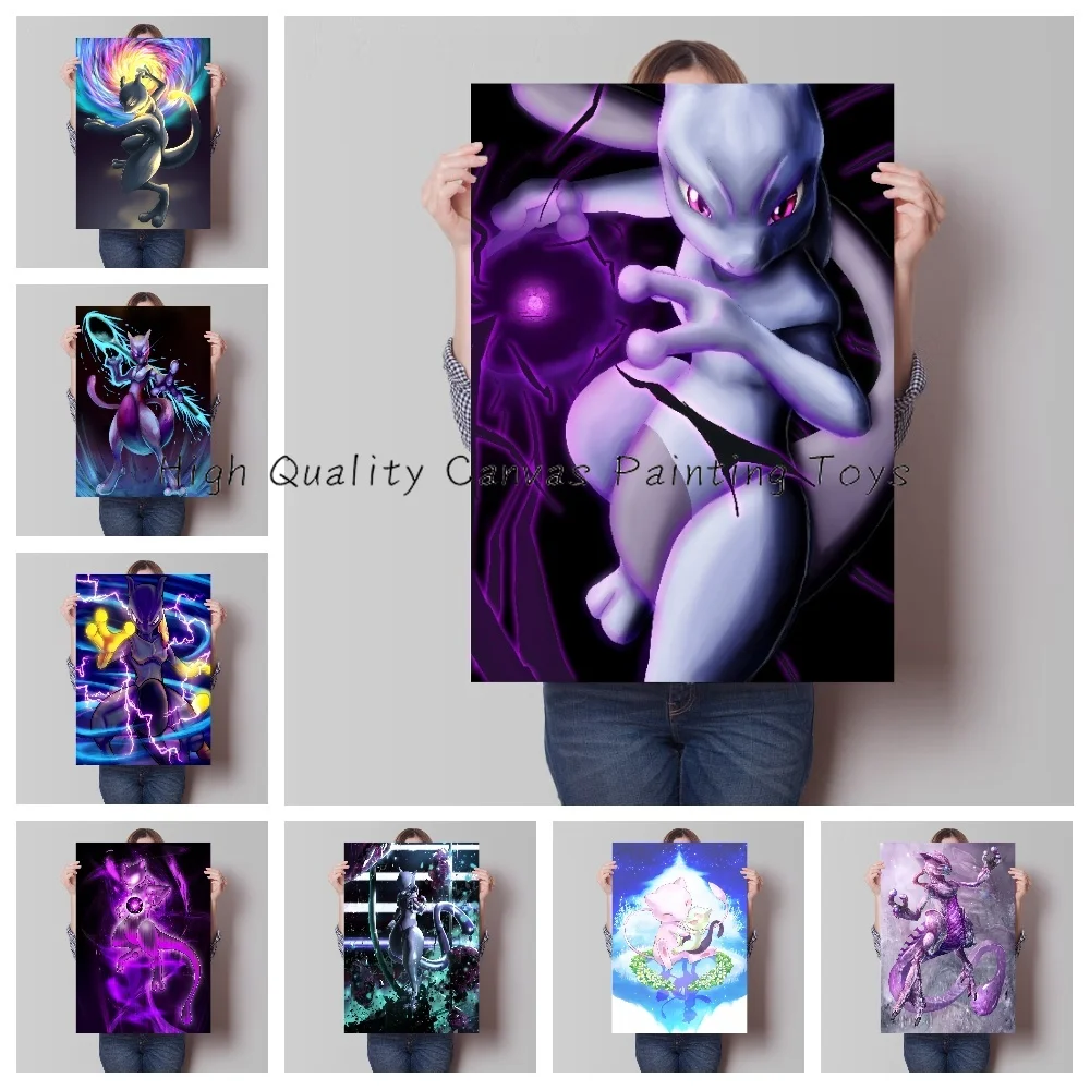 Anime Pokemon Mewtwo Mew Mega Evolution Print Fabric Poster Decor  Wall Art Abstract Canvas Painting Modern Room Decor Picture