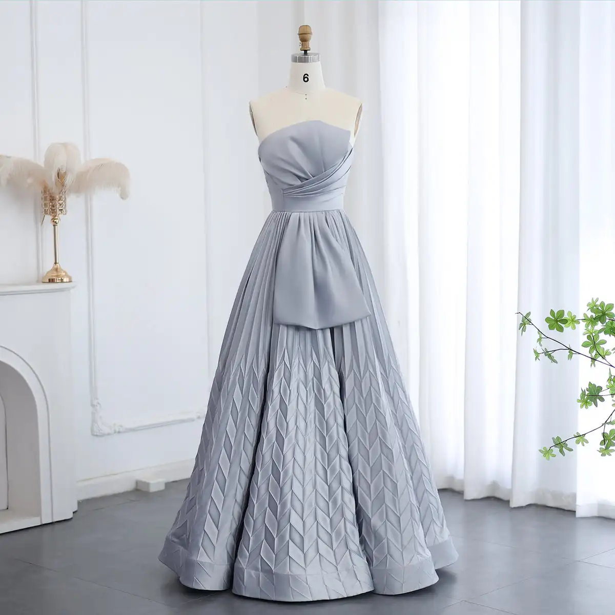 Custom Made Dubai Gray Geometry Patterns Satin Evening Dress For Women Elegant Arabic Wedding Party Gowns Sf039