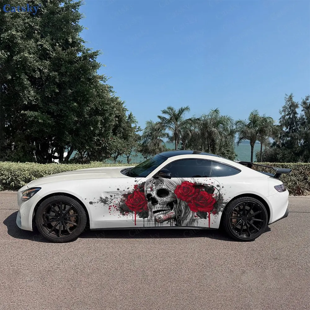 2pcs Splatter Bloody Gothic Skull Car Side Wraps, Self-Adhesive PVC Waterproof & Scratch-Resistant Stickers, Car Accessory Gift