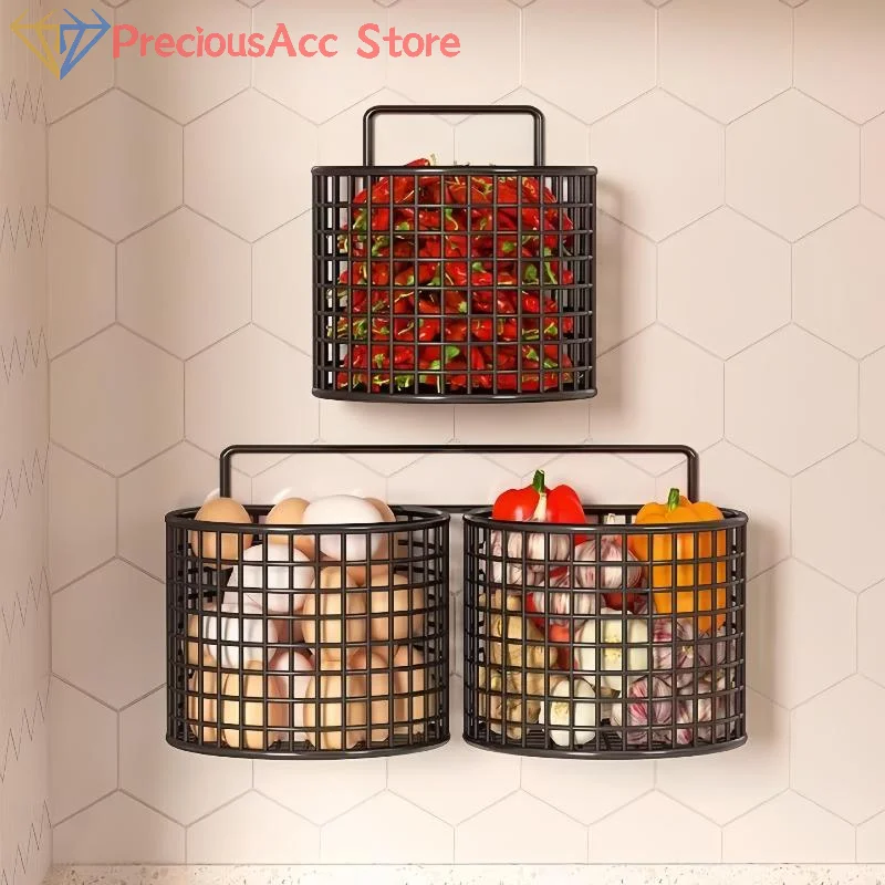 1/2/3 Grid Wall Mounted Kitchen Shelf Organizer Garlic Ginger Hanging Wire Basket Holder Metal Rack Pantry Storage