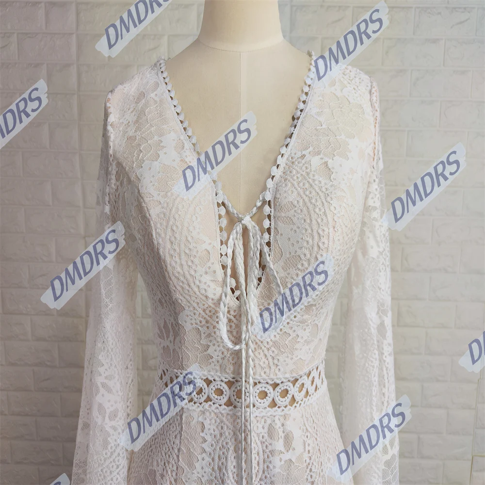 Klassieke Flare Mouw Lange Mouw Bruid Gewaad Sexy Diepe V-Hals Bruidsjurk Elegante Kanten Lange Trouwjurk Robe De Mariée