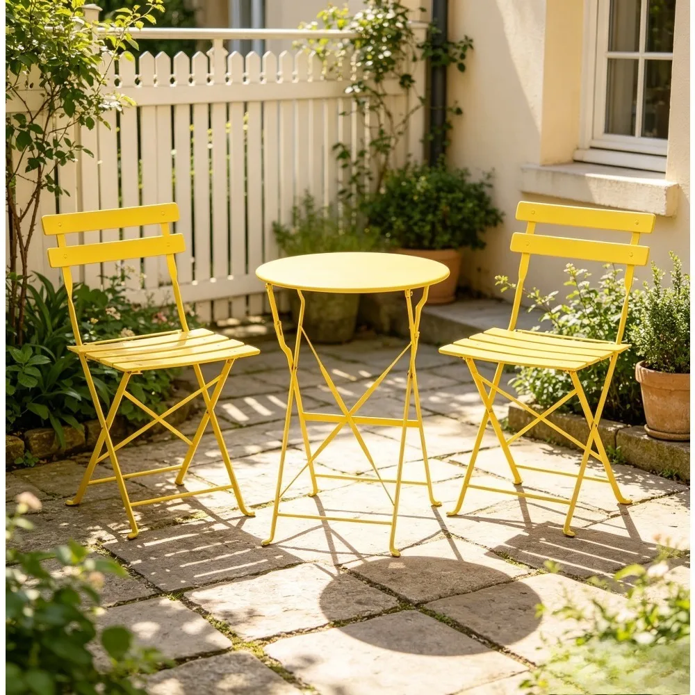 3pcs Table and Chairs Set Metal Folding Simple Solid Color Table and 2 Chairs Outdoor Decoration Garden Furniture