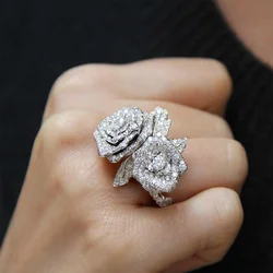 Huitan Noble Lady Party Ring Exquisite Rose Finger Jewelry for Women Exquisite Shiny Zirconia Flower Accessories for Anniversary