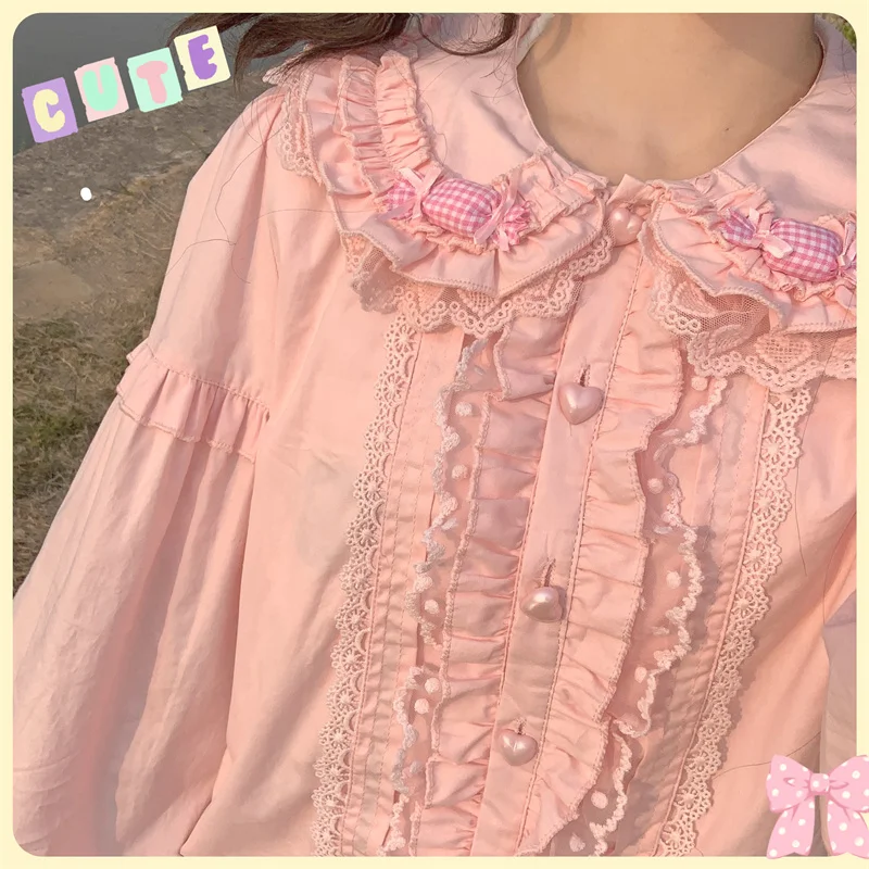 Lolita Shirt White Sweet Women Preppy Style Blouses Cute Peter Pan Collar Lace Ruffle JK Shirts Girls Long Sleeve Blusas Mujer