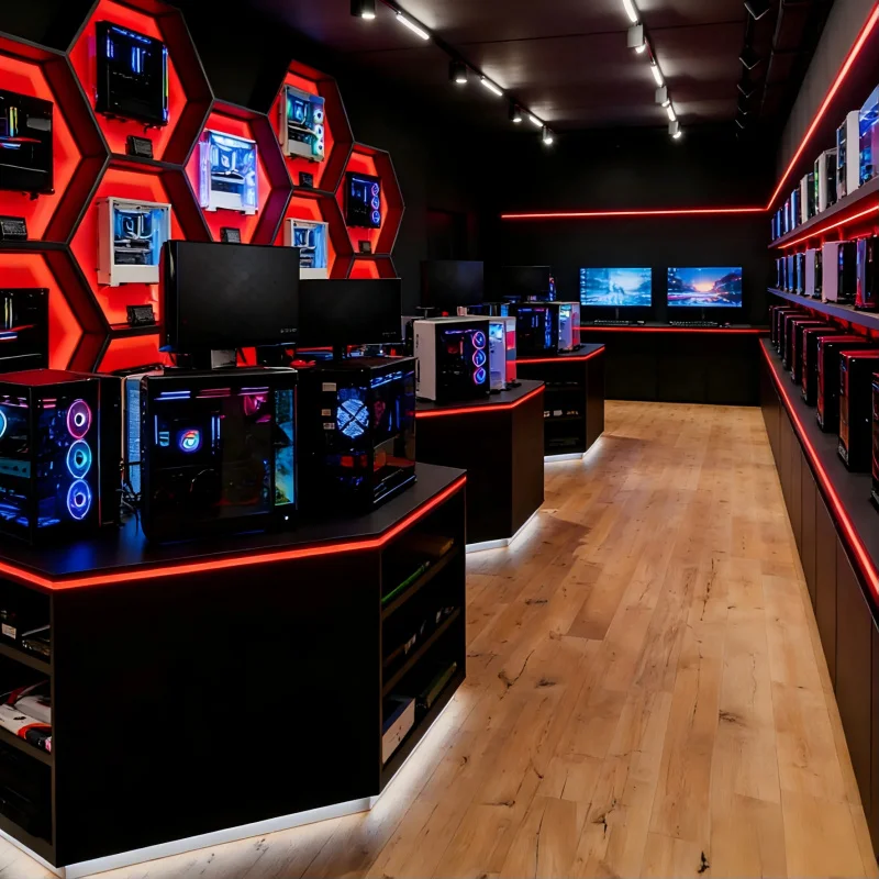 custom.Custom Modern Glass Display Cabinet Showcase with LED Lighting Computer and Gaming Retail Shop