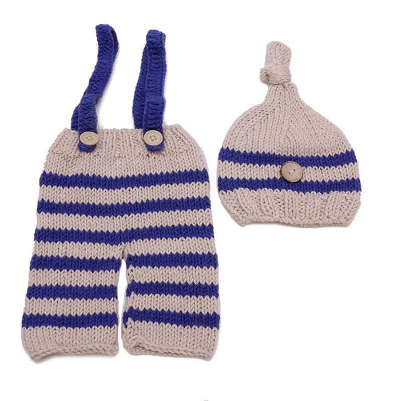 Newborn Photography Suit Striped Overalls Knitted Hat Set Blue Stripes Costume