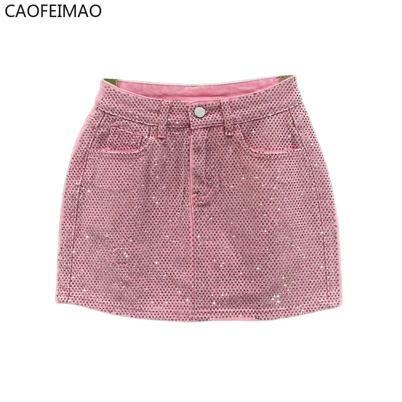Diamond Jean Mini Skirt Women 2025 Summer New Woman Pink Denim Short Pantskirt High Waisted Slimming Hip-Wrapped Skirts