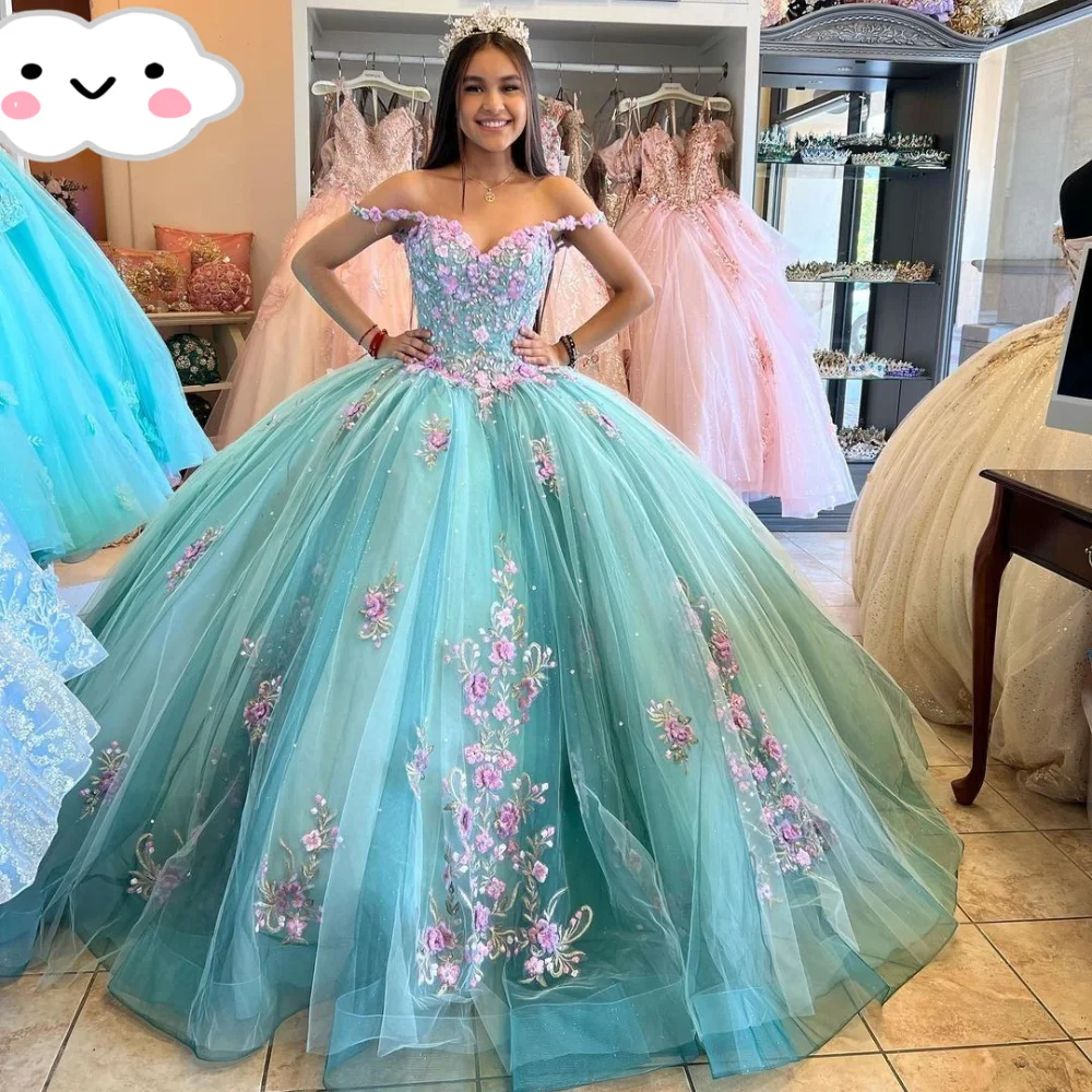 

Lorencia Sage Green Quinceanera Платье Бальное Платье Цветочные 3D Цветы Аппликации Бисероплетение Sweet 16, Мексиканские Платья XV Años YQD443