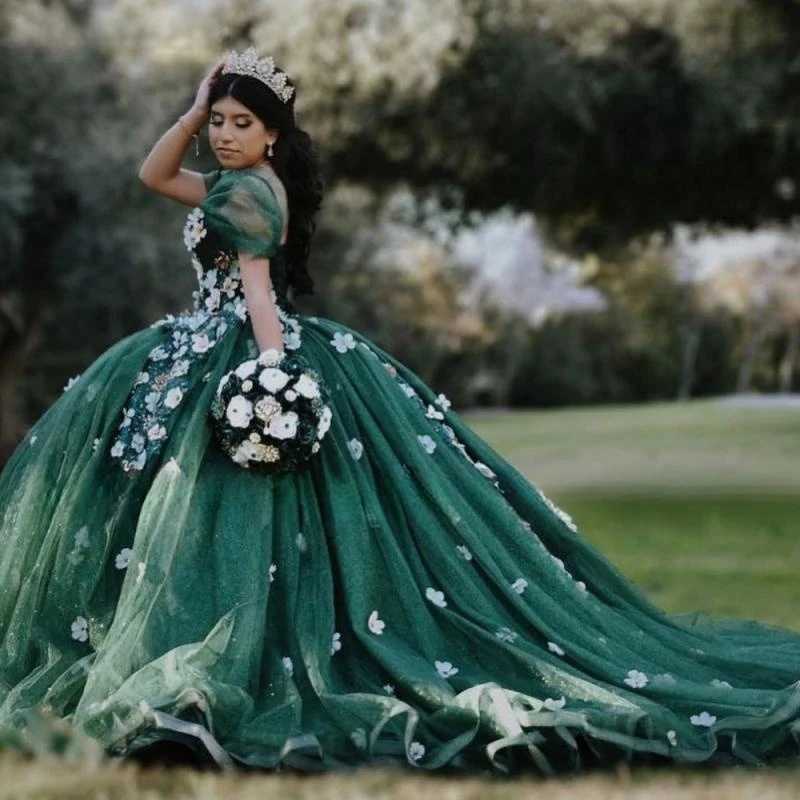 Luxury Green Ball Gown Quinceanera Dress 2023 PrincessFlower Long Sweet 15 16 Years Girl Birthday Party Formal Wear Gift Pageant