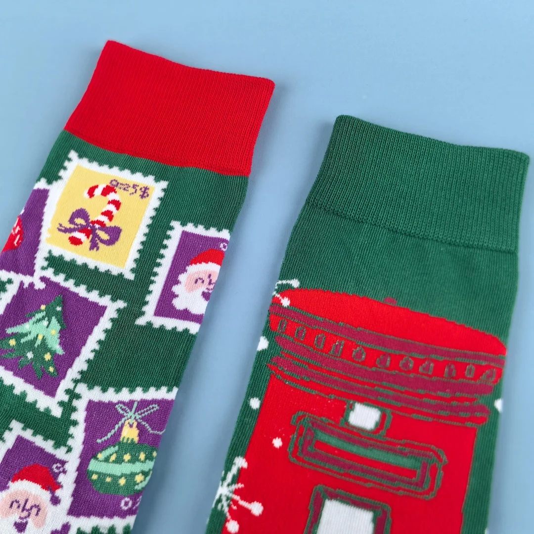 1 paar kerstzegels en vintage brievenbussen, kerstzegels en vintage Ma halfhoge sokken voor unisex, feestelijke thema-outfits
