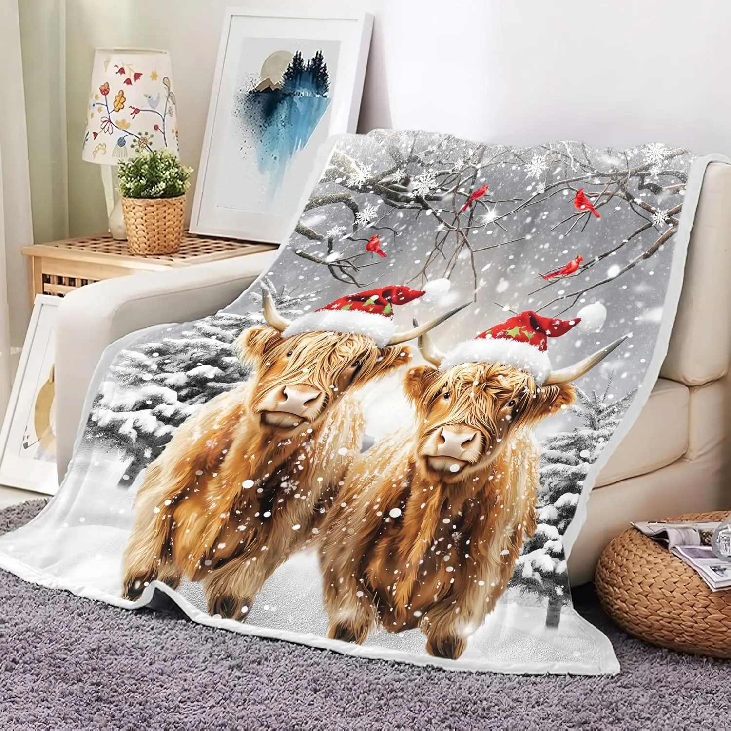 Christmas Cow Throw Blanket, Highand Cow Fleece Throw Blankets for Kids and Adults, Funny Christmas Winter Nature Scene Xmas