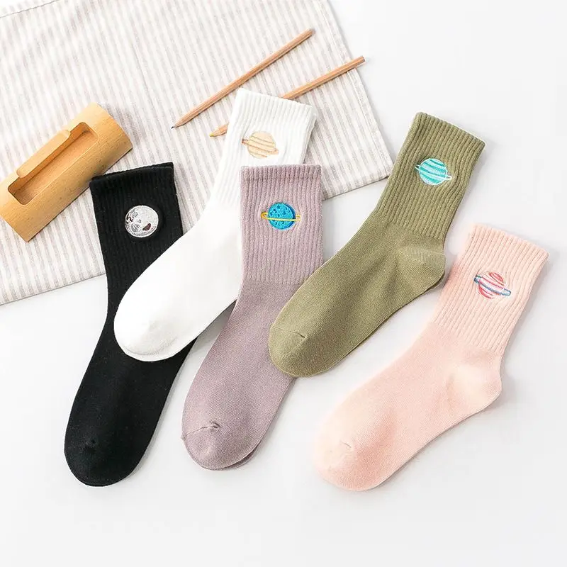 Women's Cotton Knee High Socks with Embroidery for Fall/Winter