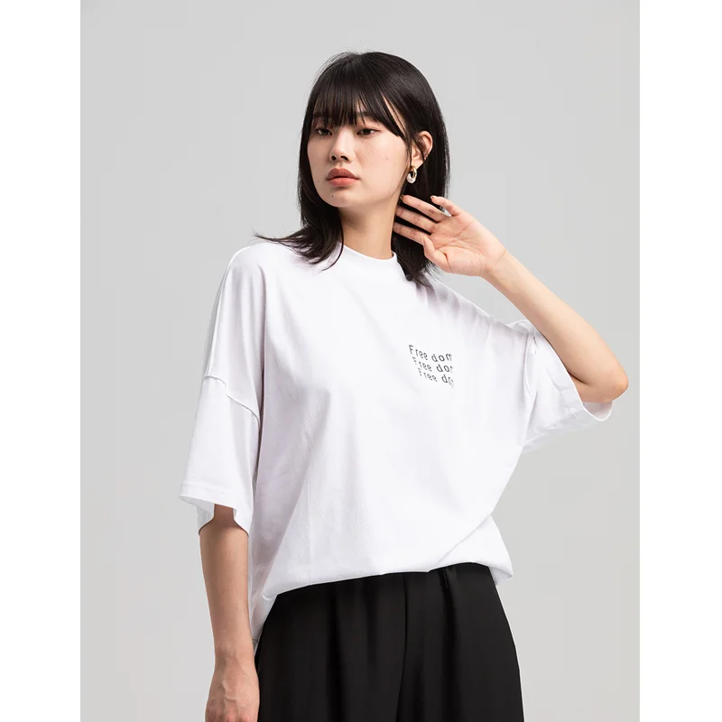 SheonDHF ins fashion long print black and white short sleeve T-shirt women's T-shirt round neck Pullover loose thin top