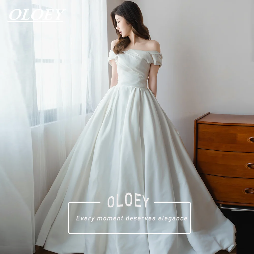 OLOEY Elegant Off The Shoulder Satin Wedding Dress A Line Short Sleeves Pleated Bridal Gown Korea Photo Shoot Customized
