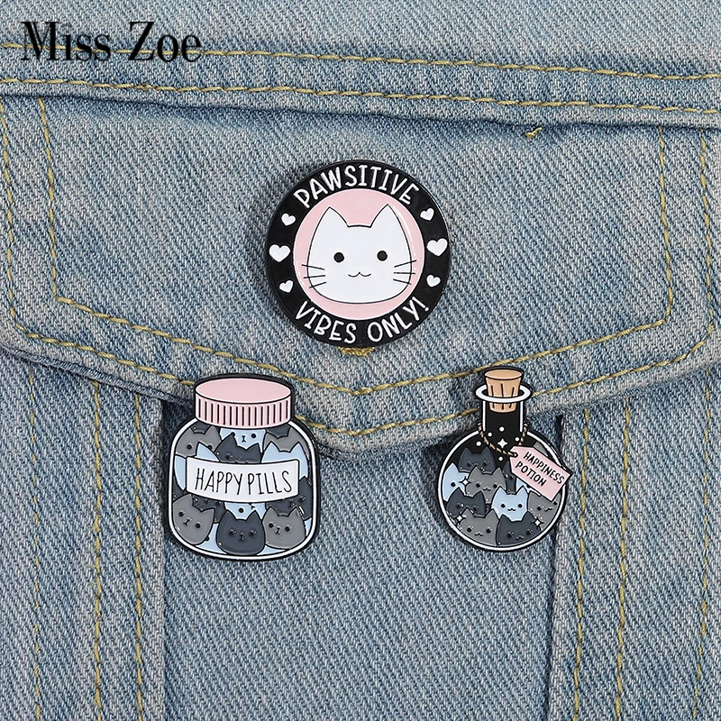Happy Potion Bottle Cat Enamel Pins Custom Happy Pills Brooches Lapel Badges Clothes Animal Jewelry Gift for Kids Friends