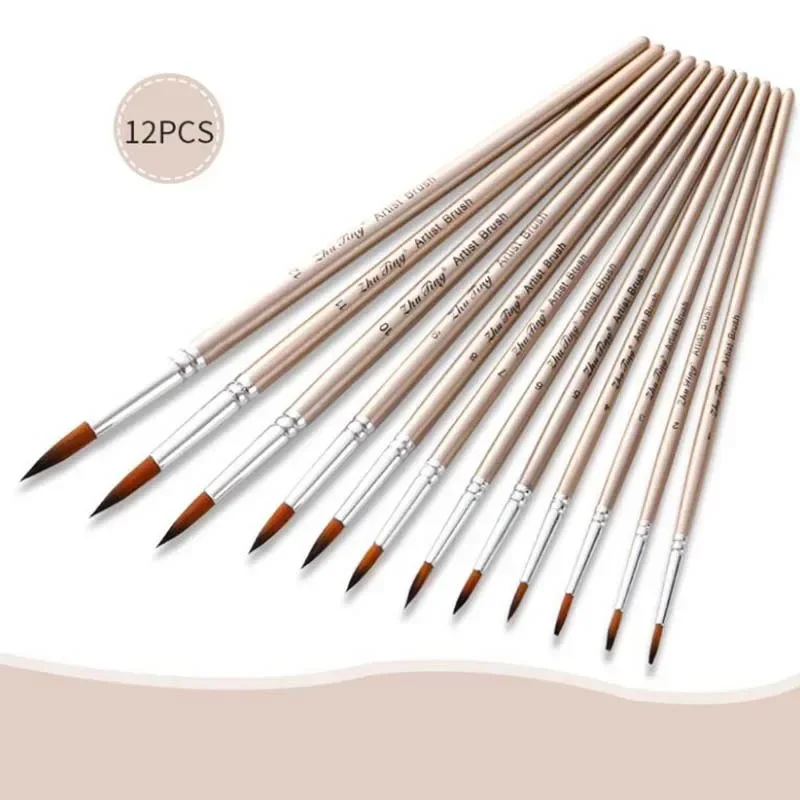 12Pcs/Set Pointed Tip Brushes Paint Brushes Set Kit Round with Nylon Hair for Artist Acrylic Aquarelle Gouache Painting Supplies