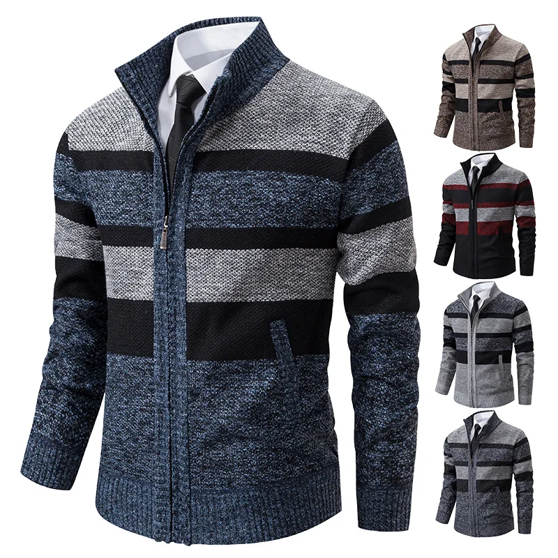 Autumn and winter men\'s cardigan jacket with plush and thick striped sweater for men\'s outerwear