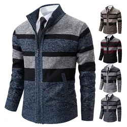 Chaqueta cárdigan con felpa para hombre, suéter grueso a rayas, prendas de vestir exteriores, Otoño e Invierno