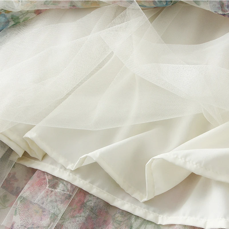 Fairy Wave Patchwork Fungas Floral Printed A-line Long Mesh TutuSkirts