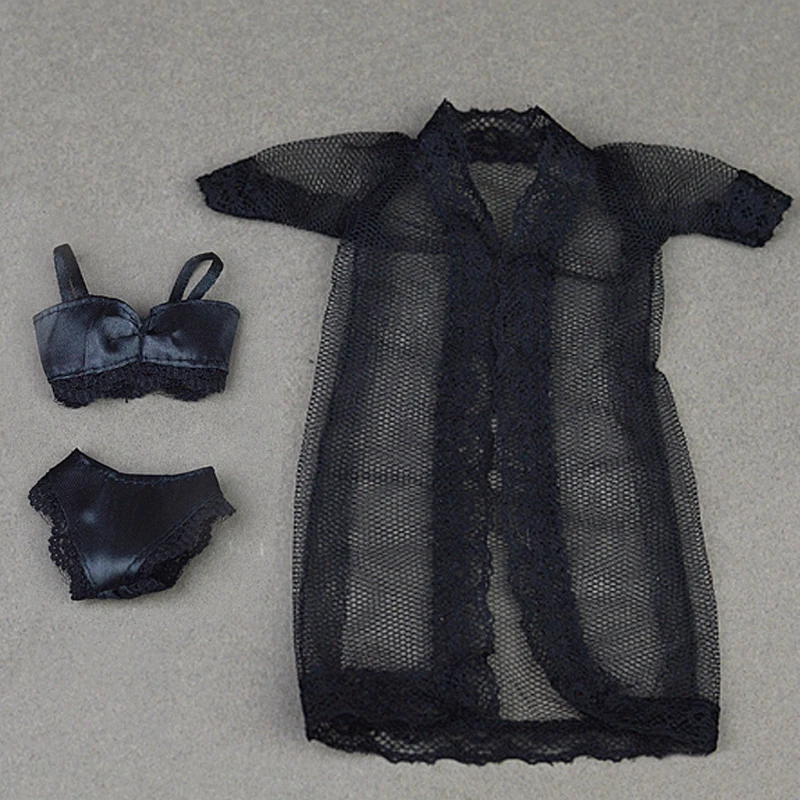 Acessórios para bonecas, pijama sexy preto, lingerie, roupa de dormir, casaco longo de renda, roupa noturna + sutiã + roupa íntima para boneca barbie
