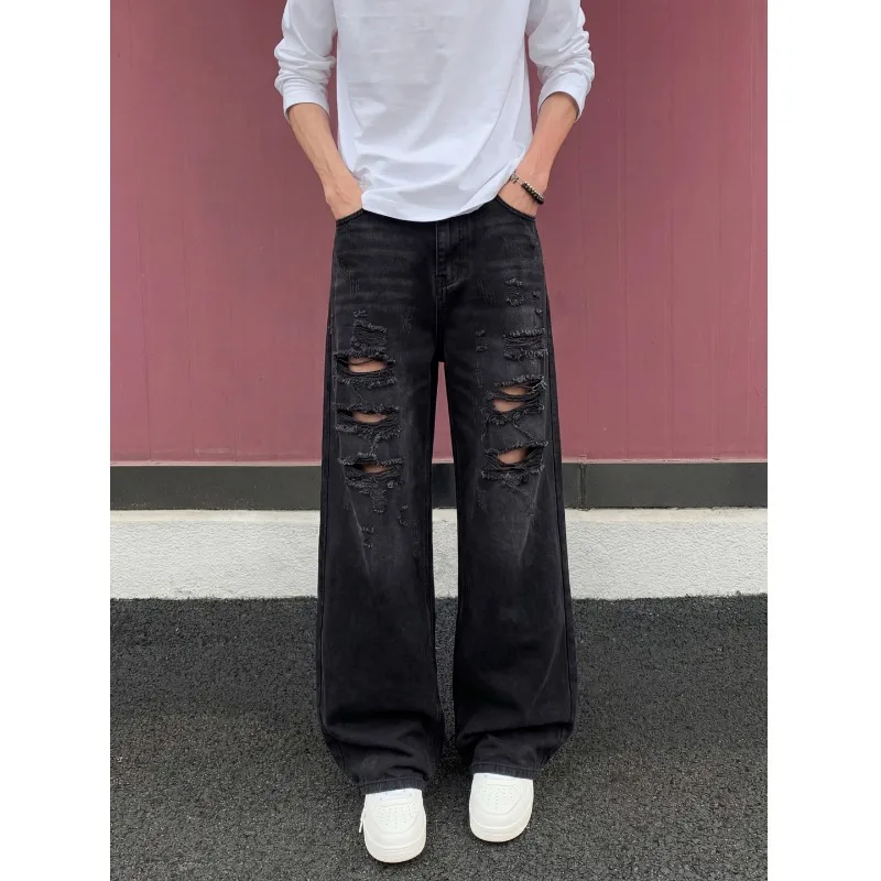 Men's Jeans Straight Fit Distressed Washed Denim Pants Man Pants Ripped Street Style Vintage Dark Black