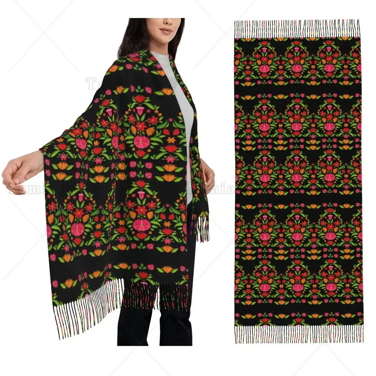 Poland Folk Flowers Polish Floral Art Scarf Tassel Scarves Women Soft Warm Shawls and Wraps Long Fall Winter Shawl Wrap
