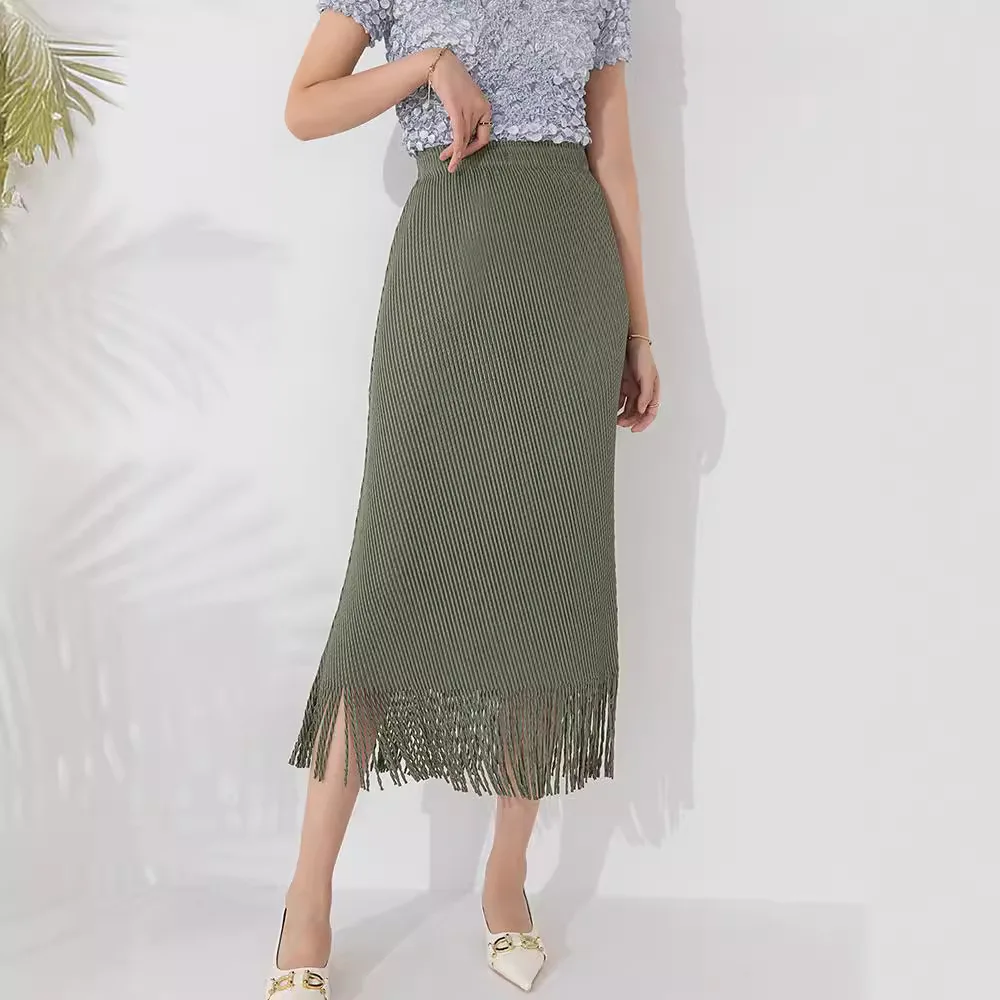 

Miyake Style Skirt, High-end Pressed Pleated Fish Scale Pleated Design, Small and Large Size Tassel Long Skirt 2024 Summer New