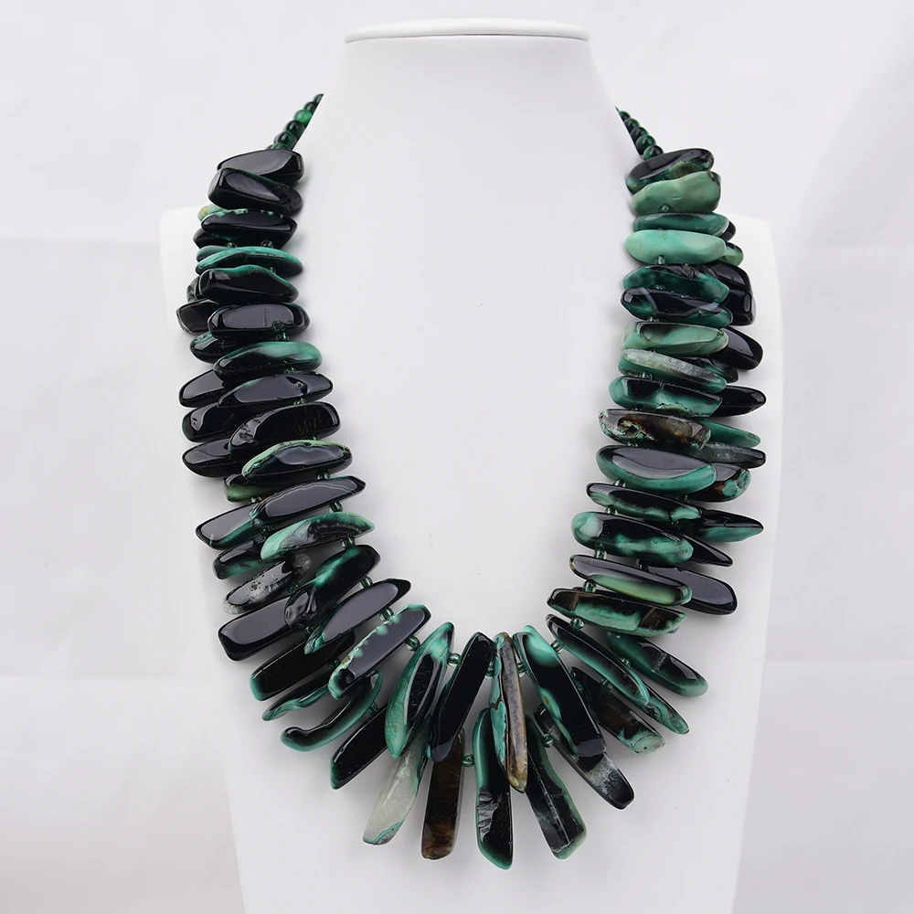 G-G 2 Rows Big Jewelry Natural Mix Black Green Agate Stone Fancy Top Drilled Beads Tiger eye Necklace 21''