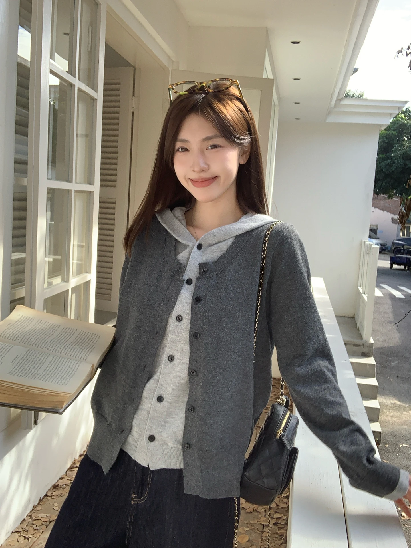 

Morning Bloom ey Splice Knitted Cardigan Sweater Women's Spring Autumn Versatile Fake Two-Piece Warm Soft Long Sve ort...