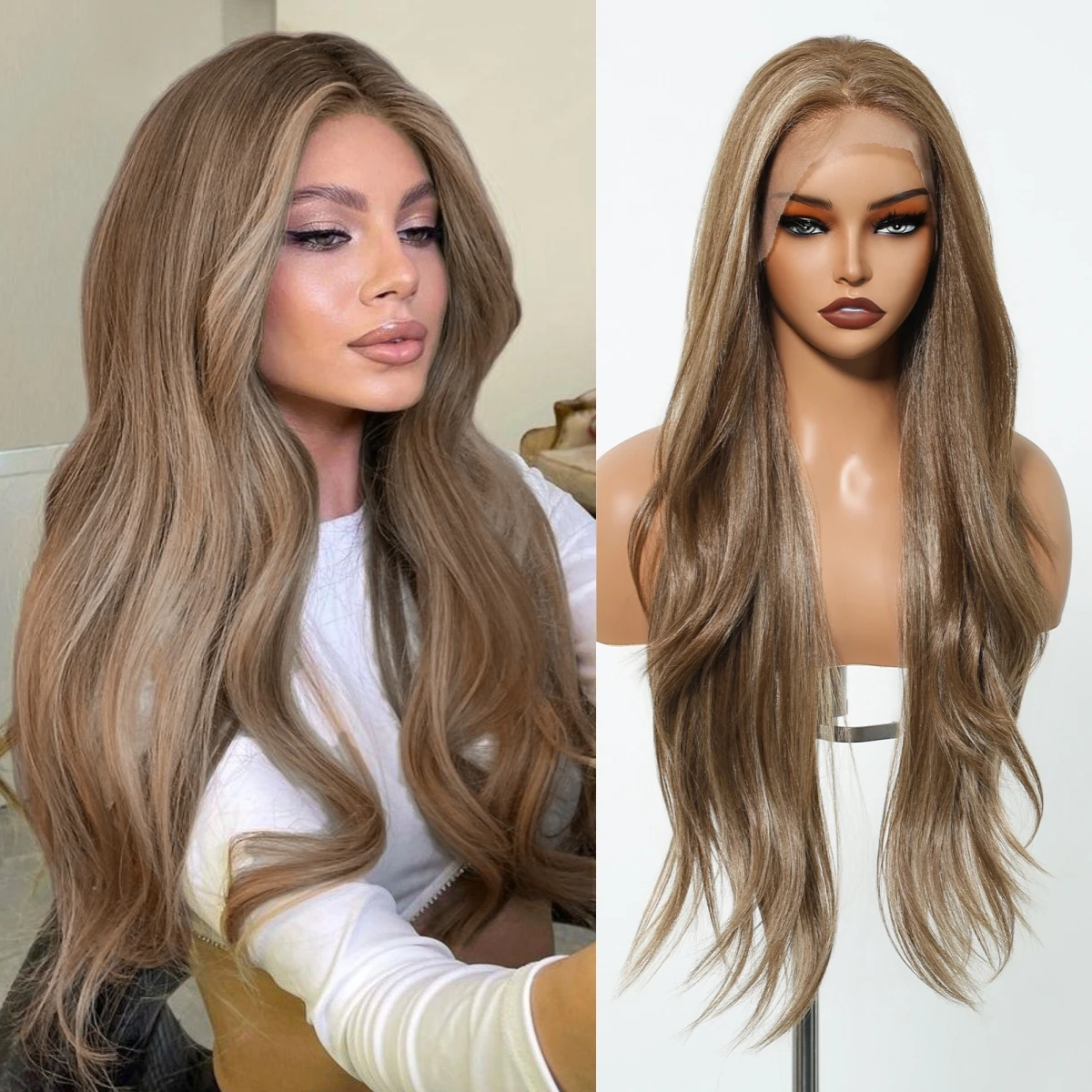 13*6 Lace Front Synthetic Wigs 30Inch Ash Blonde Highlight Brown Layered Women Wig Heat Resistant Cosplay Party Daily Fake Hair