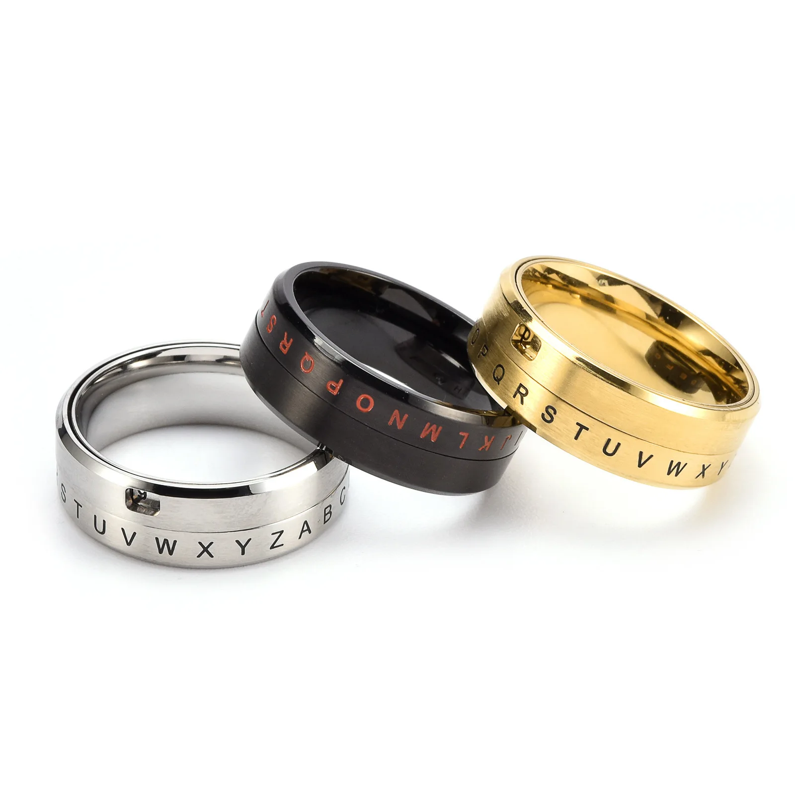 8MM Fashion Punk Biker Men's Stainless Steel Alphabet Number Spinner Ring Decoder Design Promise Rotatable Wedding Band