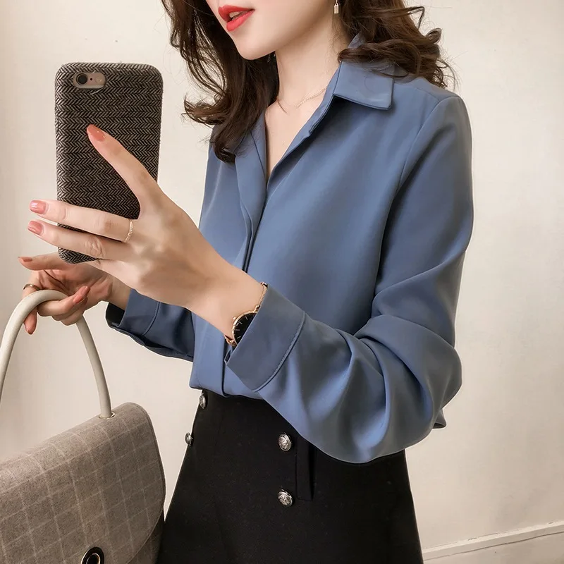 Women Shirts Blouses Long Sleeve V Neck Chiffon Blouse OL Office Tops Ladies Loose Long Shirts