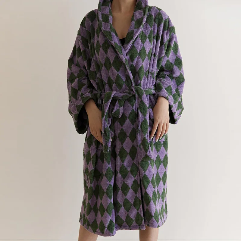 

Autumn Winter New Long-Staple Cotton Robe Female Sleepwear Terry Towel Hooded Kimono Bath Gown Home Dress Retro Plaid Loungewear