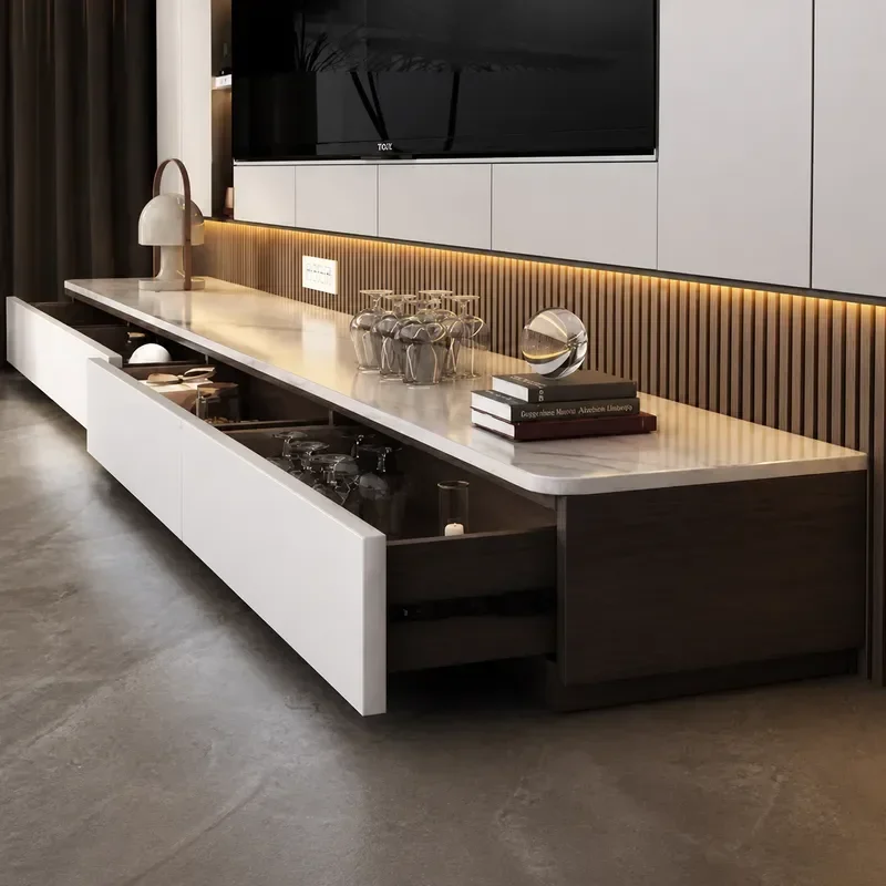 Floor to Ceiling TV Cabinet Simple Solid Wood Integrated Small Apartment Living Room Minimalist Rock Slab Ultra Thin Shoe