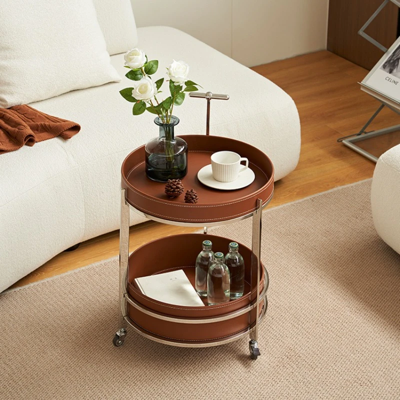 

‌Vintage Rolling Side Table, Double-Tier Mobile Coffee Table, Saddle Leather Storage Cart, High-End Bedside Nightstand