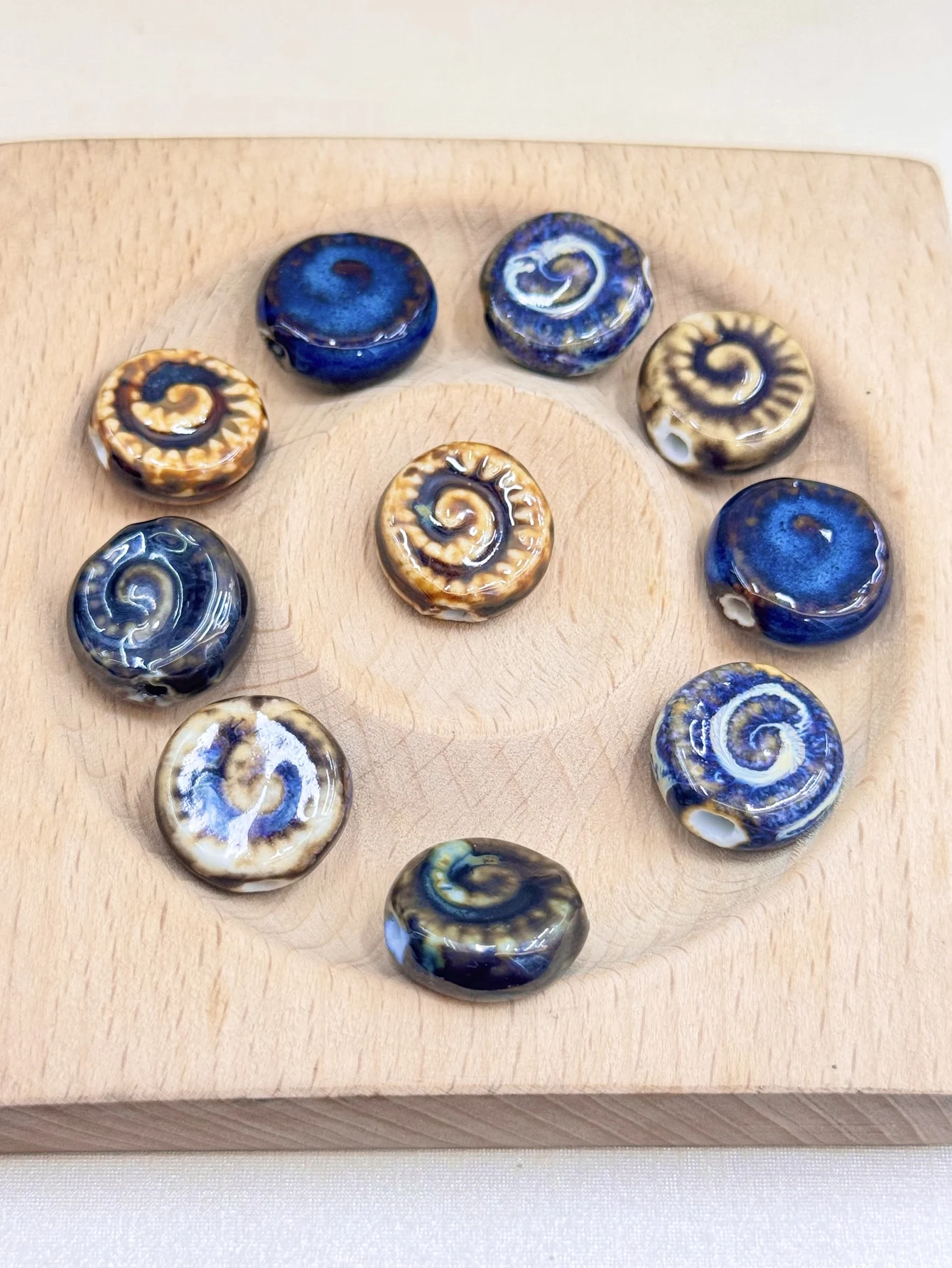10Pcs 18*7MM Flat Round Embossed Ceramic Beads Multicolor Thread Type Sea Style For Jewelry Making DIY