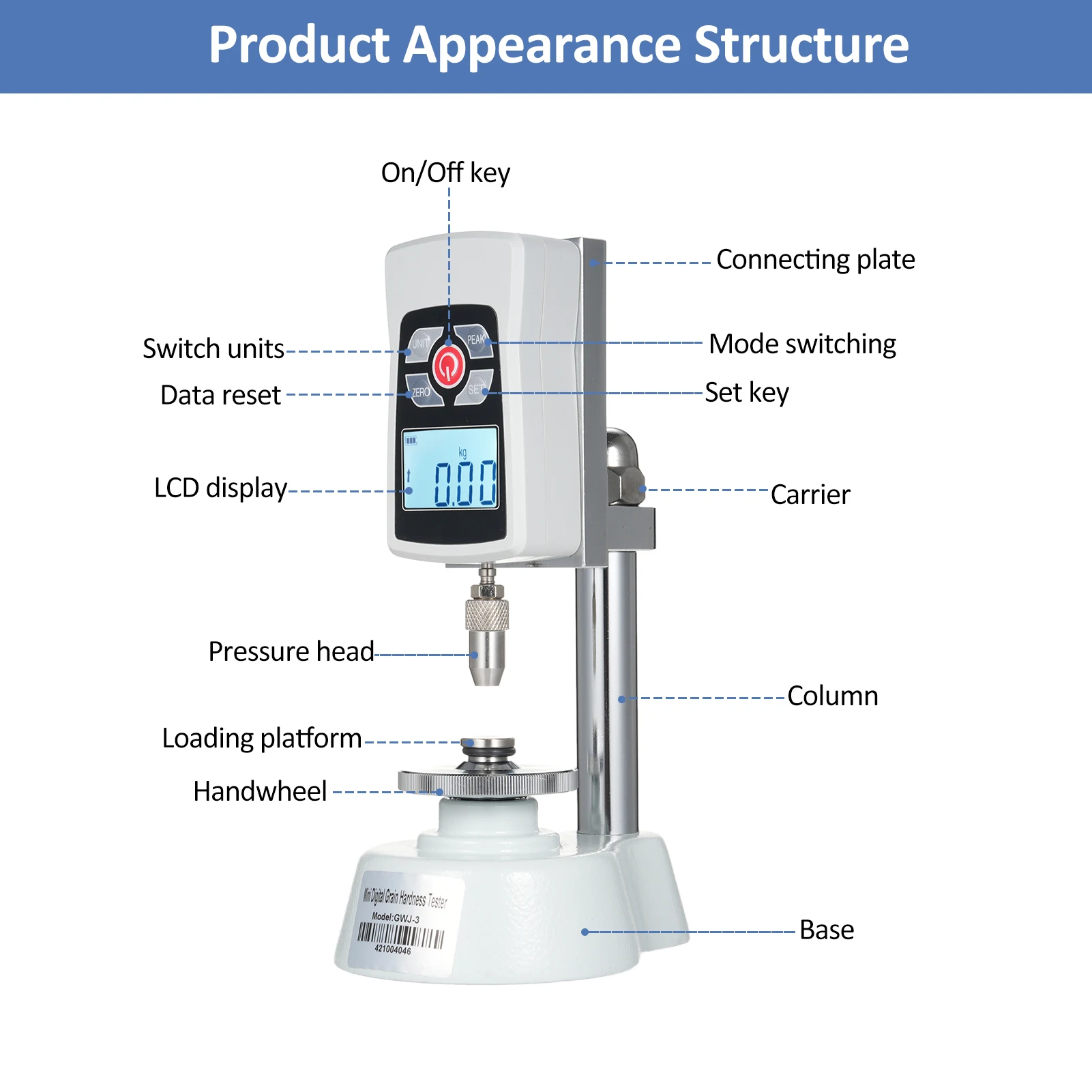 GWJ-3 جهاز اختبار صلابة الحبوب الرقمية للحبوب واحدة جهاز اختبار صلابة الأرز الصغير لتغذية البذور وحبوب الأرز أقصى قيمة تحميل 20 كجم