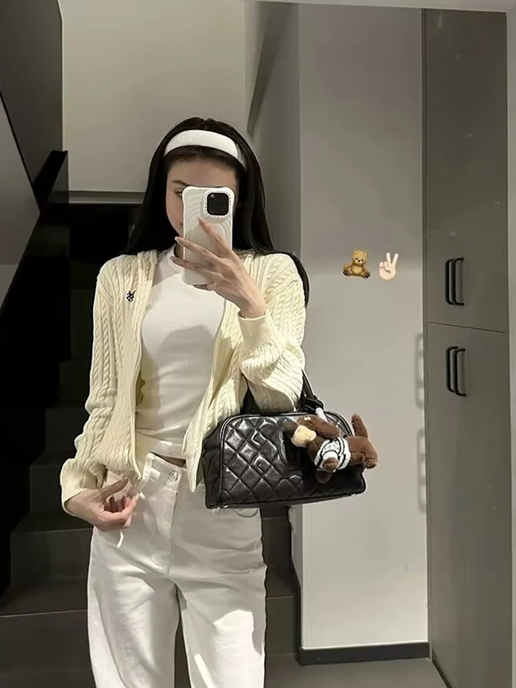 

American style hooded knitted sweatshirt women's 2025 new spring and autumn pocket slim fit zipper cardigan jacket top