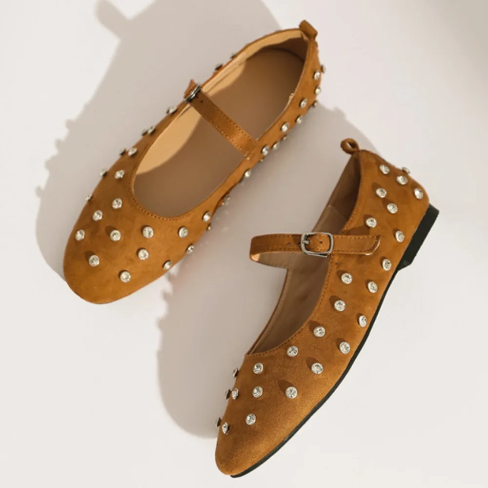 Buty Mary Jane dla kobiet Nit Zamsz Klasyczny Retro Brązowy Casual Miękkie dno Wygodne damskie mieszkania Mieszkania z wykończeniami z kryształkami