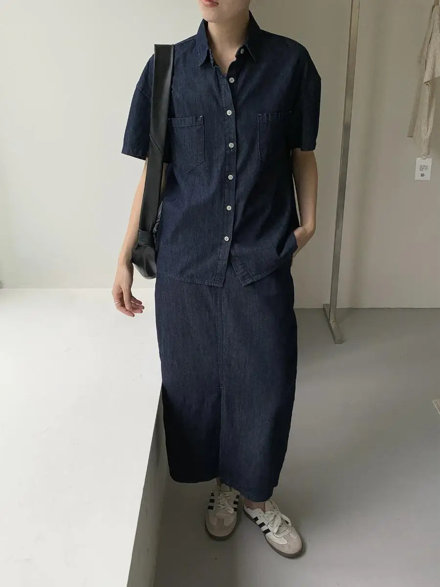 Retro Denim Set Women Loose Short Sleeve High Waist Split  Dress Fashionable Spring Summer Outfit  Style