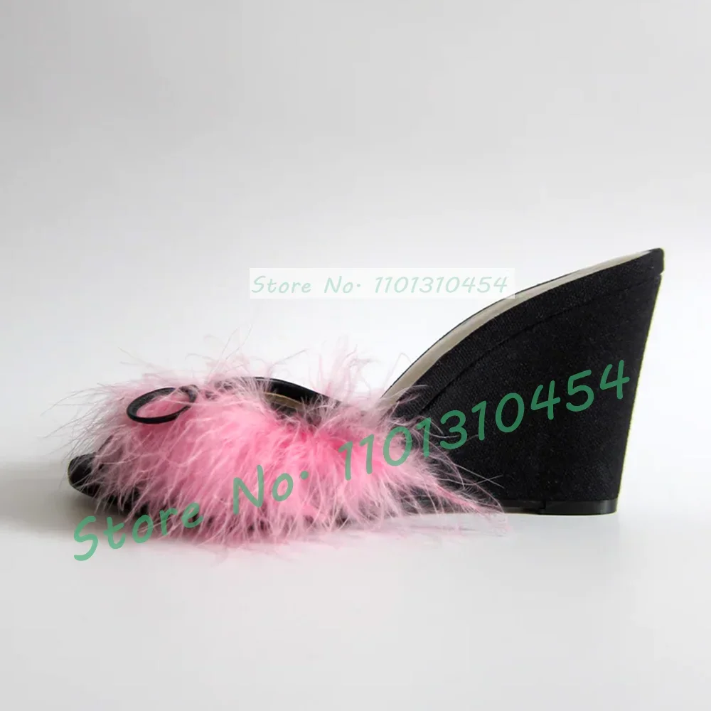 Lovely Feather Wedge Slippers With Bow Women Elegant Multicolor Summer Stylish Shoes Sweet Girl's Casual Open Toe Pink Fur Mules image 2