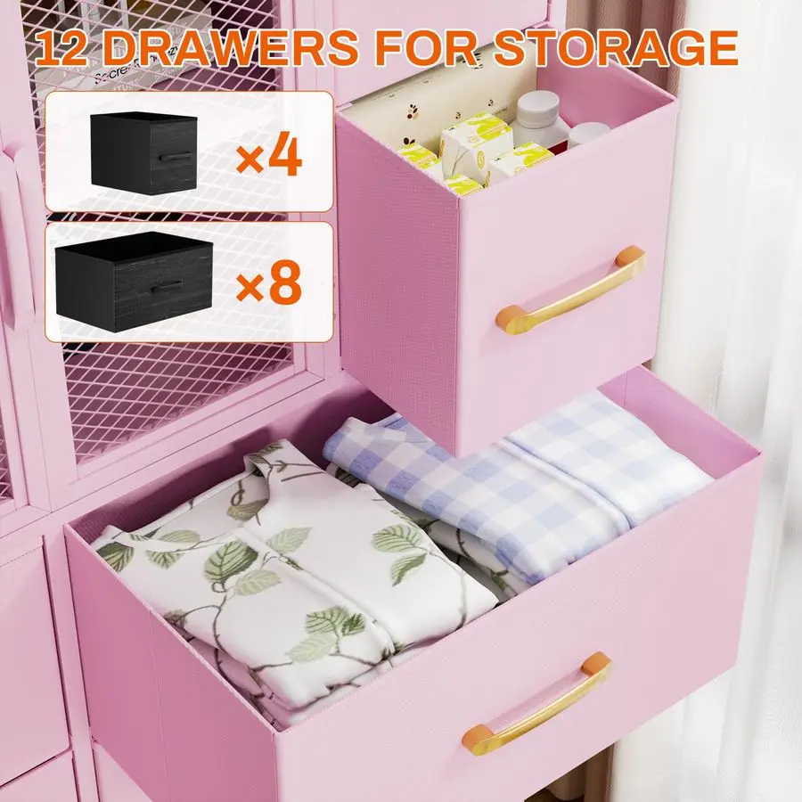 침실용 56.7인치 높이의 서랍장, 12개의 수납 서랍이 있는 서랍장, 나무 상판과 금속 소재의 패브릭 화장대