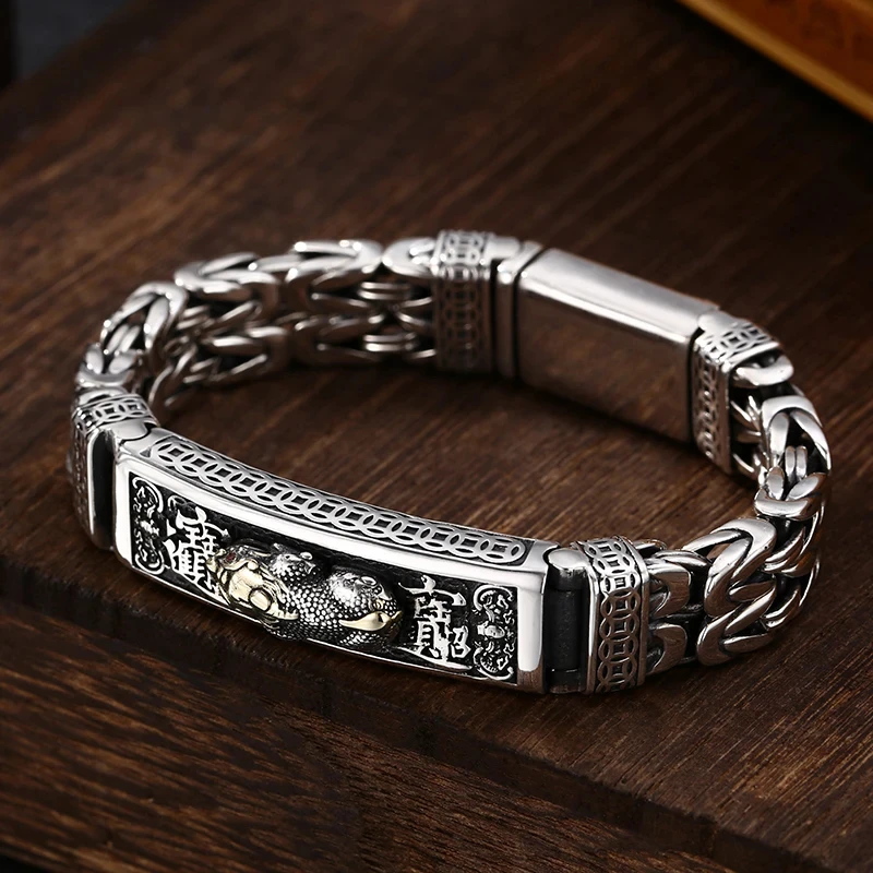 Chinese Style Retro Silver Double-stranded Peace Tattoo Money Brave Troops Men\'s Bracelet Personality Pop Retro Lucky Guy