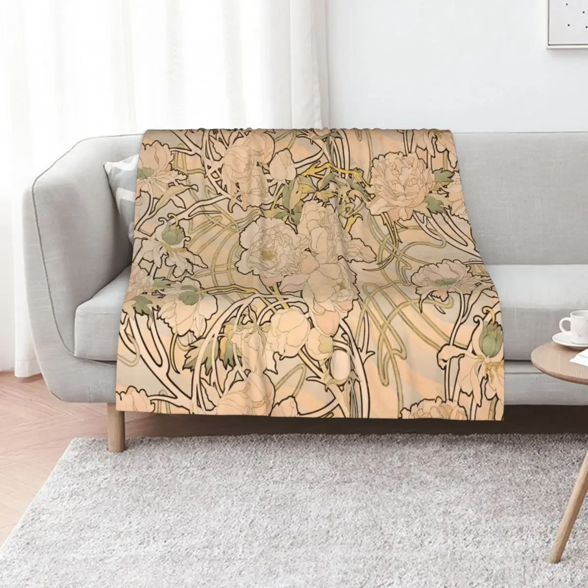 

Alfonse Mucha Art Nouveau Peonies Throw Blanket Blankets For Sofas Sofas Bed Fashionable Picnic Blankets